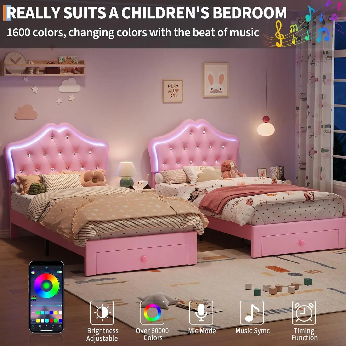 Twin XL Bed Frame With LED Headboard Storage Drawer Velvet Upholstered Platform Bed Crystal Button Noise Free No Box Spring