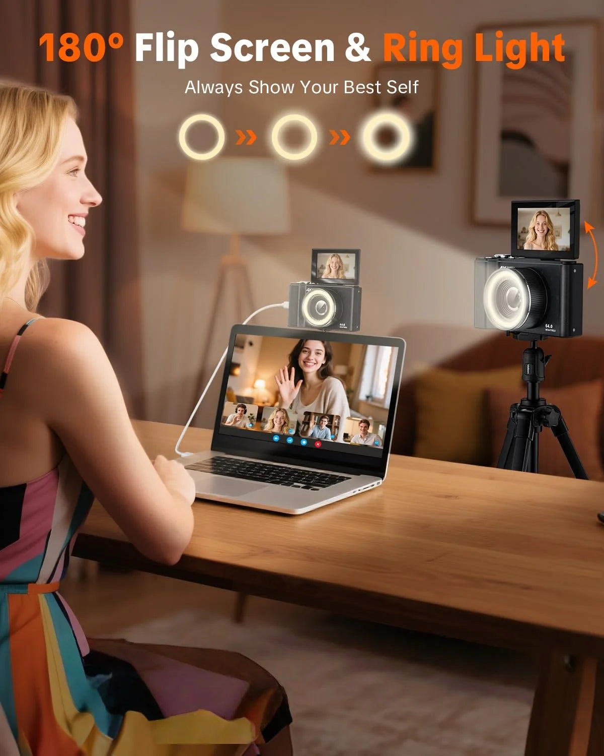 W&O 4K Digital Camera With Ring Light And Flip Screen