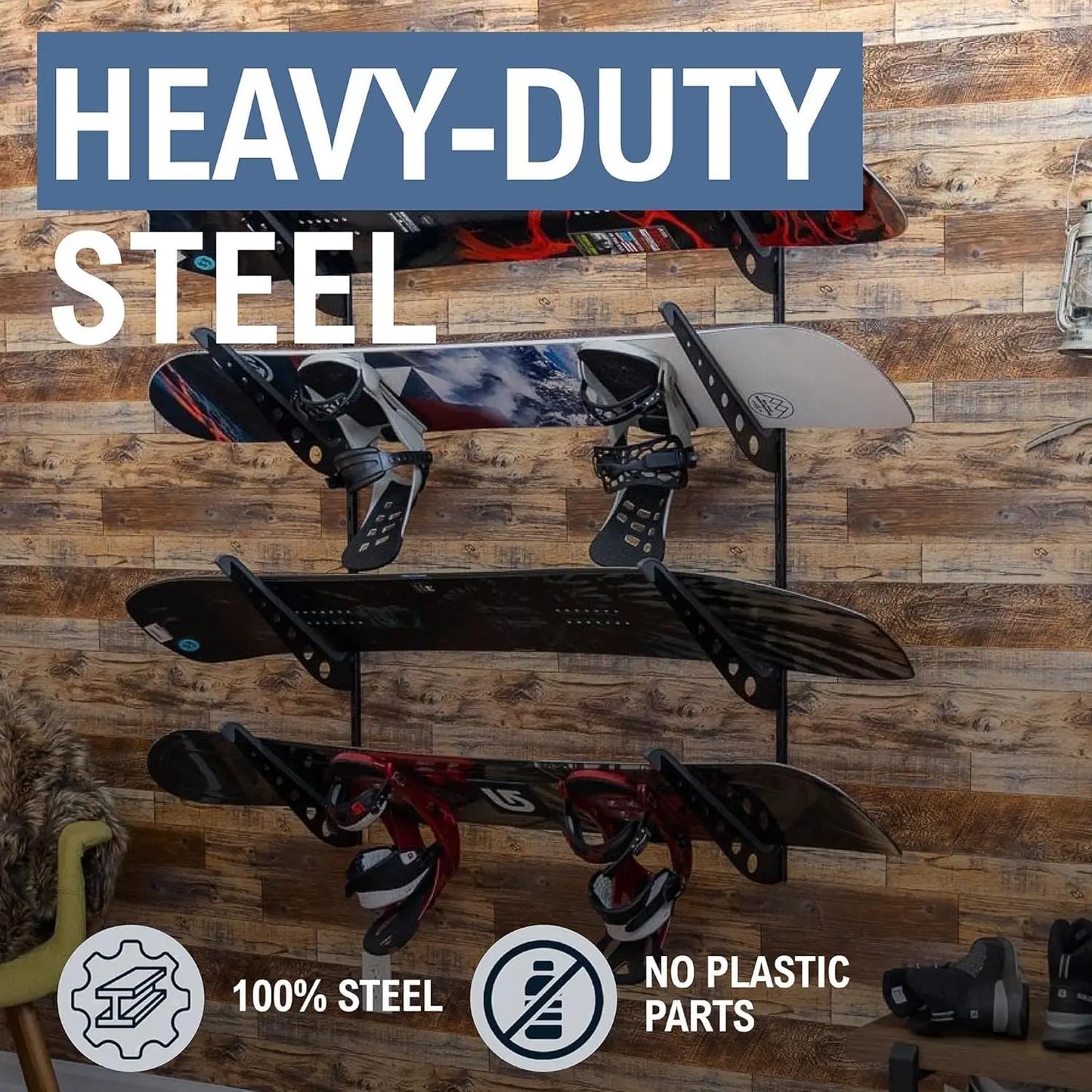 StoreYourBoard Ski & Snowboard Rack, Adjustable Wall Mount Rack Storage System for 4 Boards, Heavy
