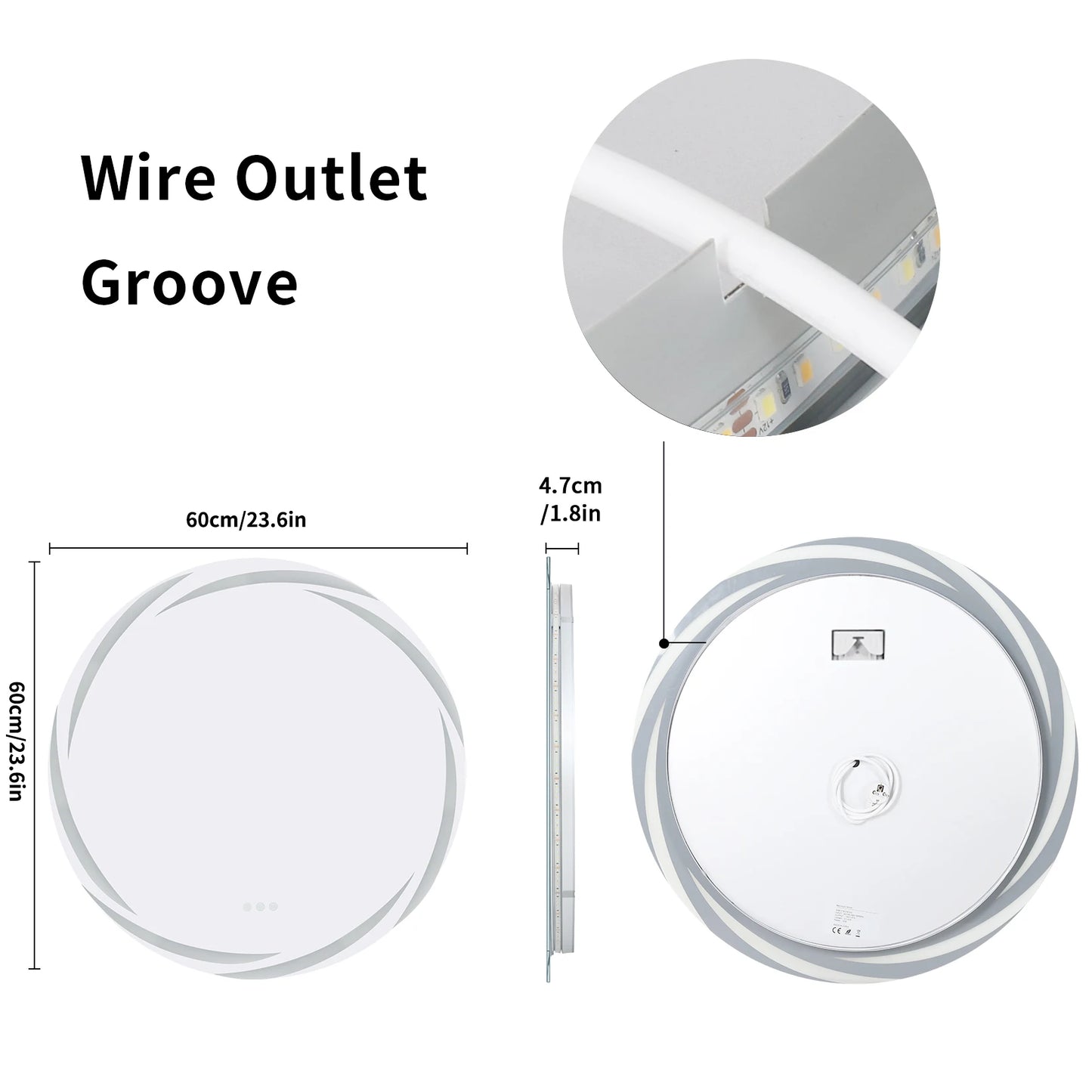 60/80CM LED Bathroom Mirror Circle Backlit HD Wall Antifog Vanity Mirror Shatterproof 3 Colors Lights Dimmable