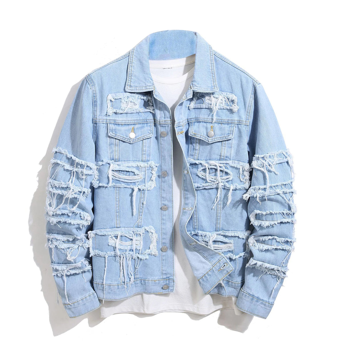 Men's High Street Destroyed Jeans Jacket With Patchwork Fashion Streetwear Ripped Denim Coat For Male Distressed Outerwear