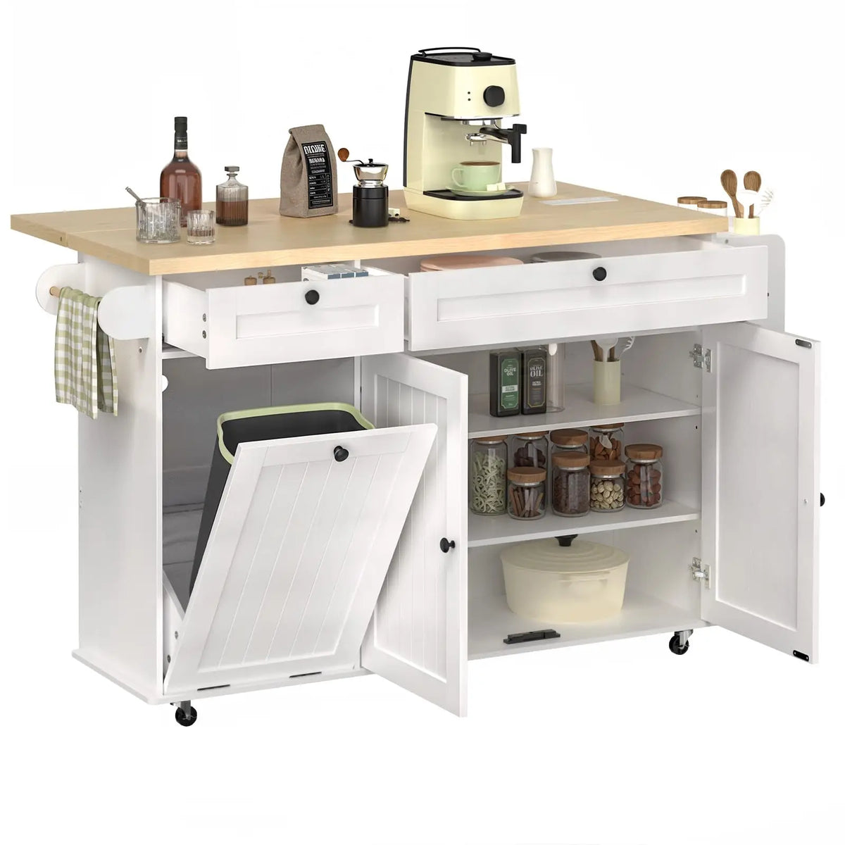Onbrill Rolling Kitchen Island With Spice Rack And Drawer