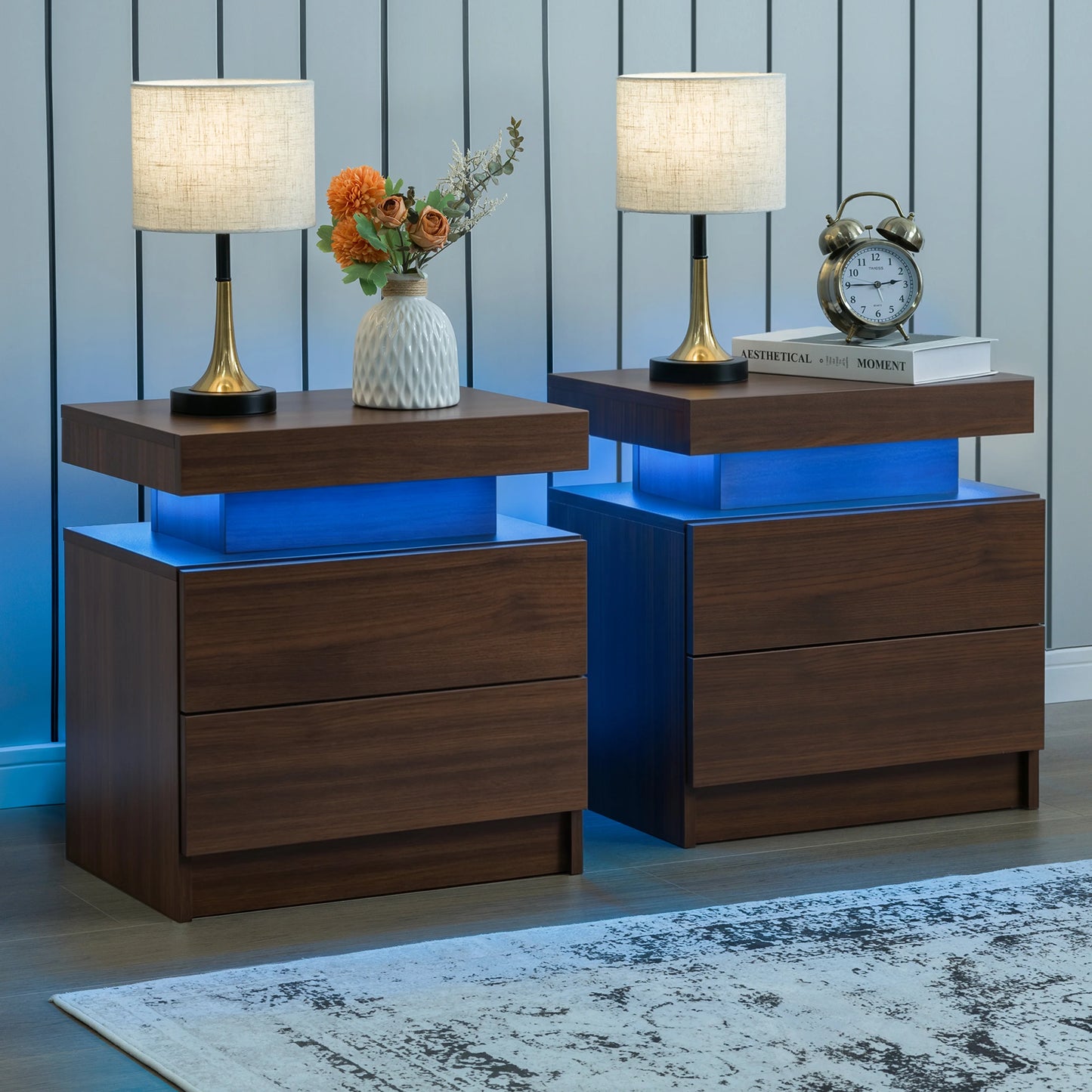 Cubehom Nightstand Set of 2 LED Nightstand with 2 Drawers,Night Stand  with LED Light,Bedside Table with Drawers for Bedroom