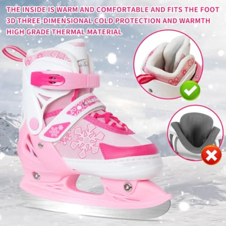 Adjustable Ice Skates - 4 Size Adjustable Hockey Lace-Up Skates with Warm Plush Lining, Triple Safety Ankle Support, Stainless