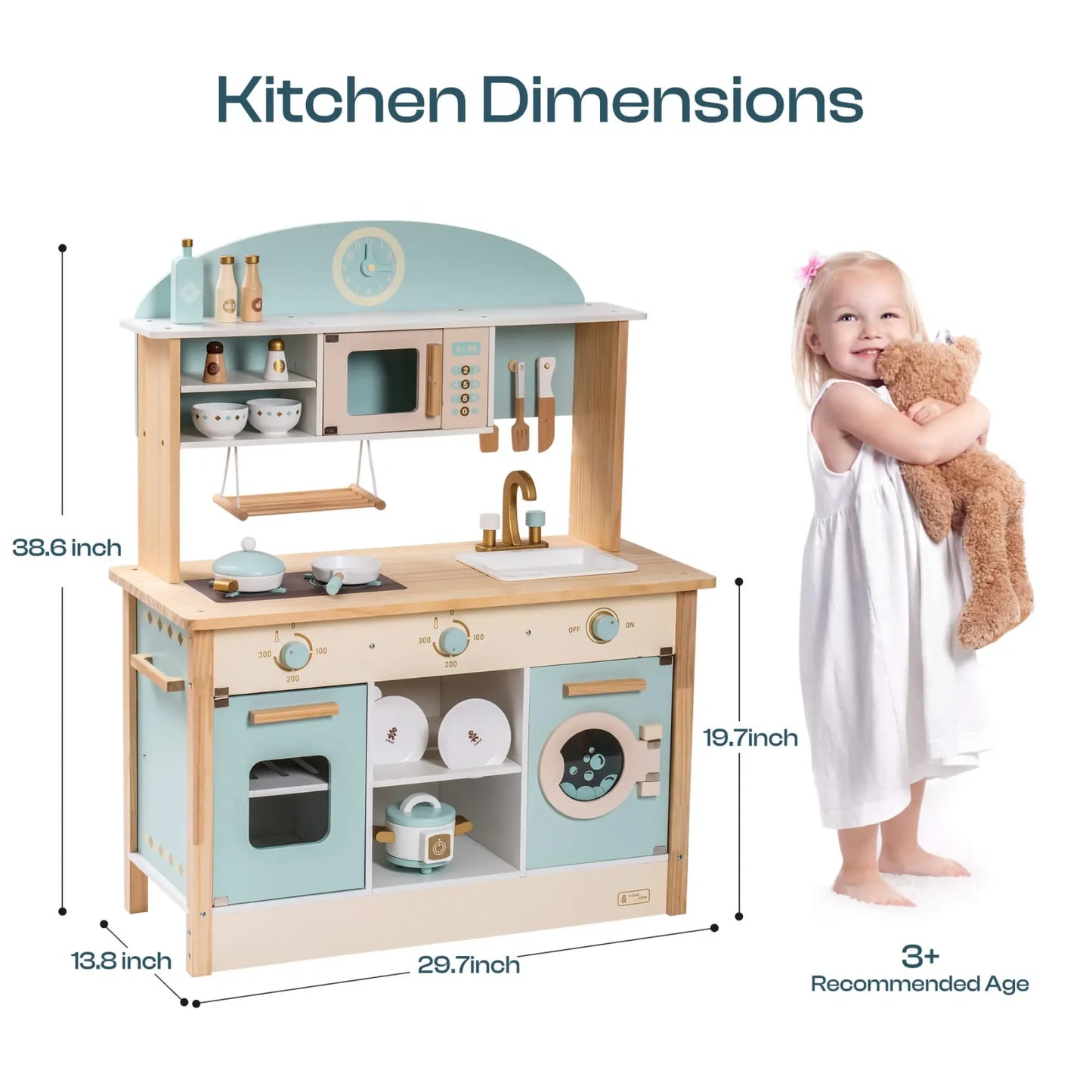 Robotime Robud Kitchen Washer Playset Play Kitchen Fridge Refrigerator Play Toy Oven Wooden Kitchen Playset for Kids Age 3+Blue