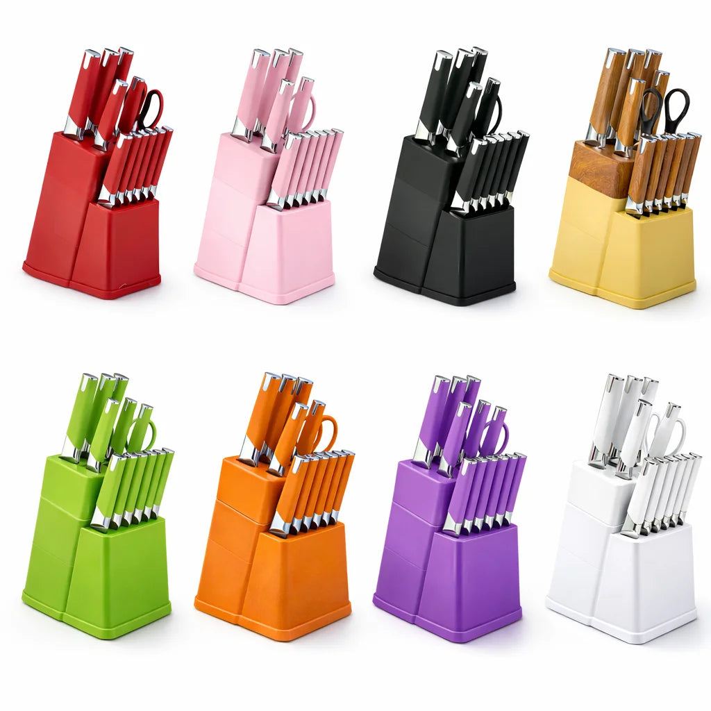 13Pcs Professional Kitchen Knife Block Set with 6 Steak Knives, High Carbon Stainless Steel Knives with Black Non-Stick Coating,