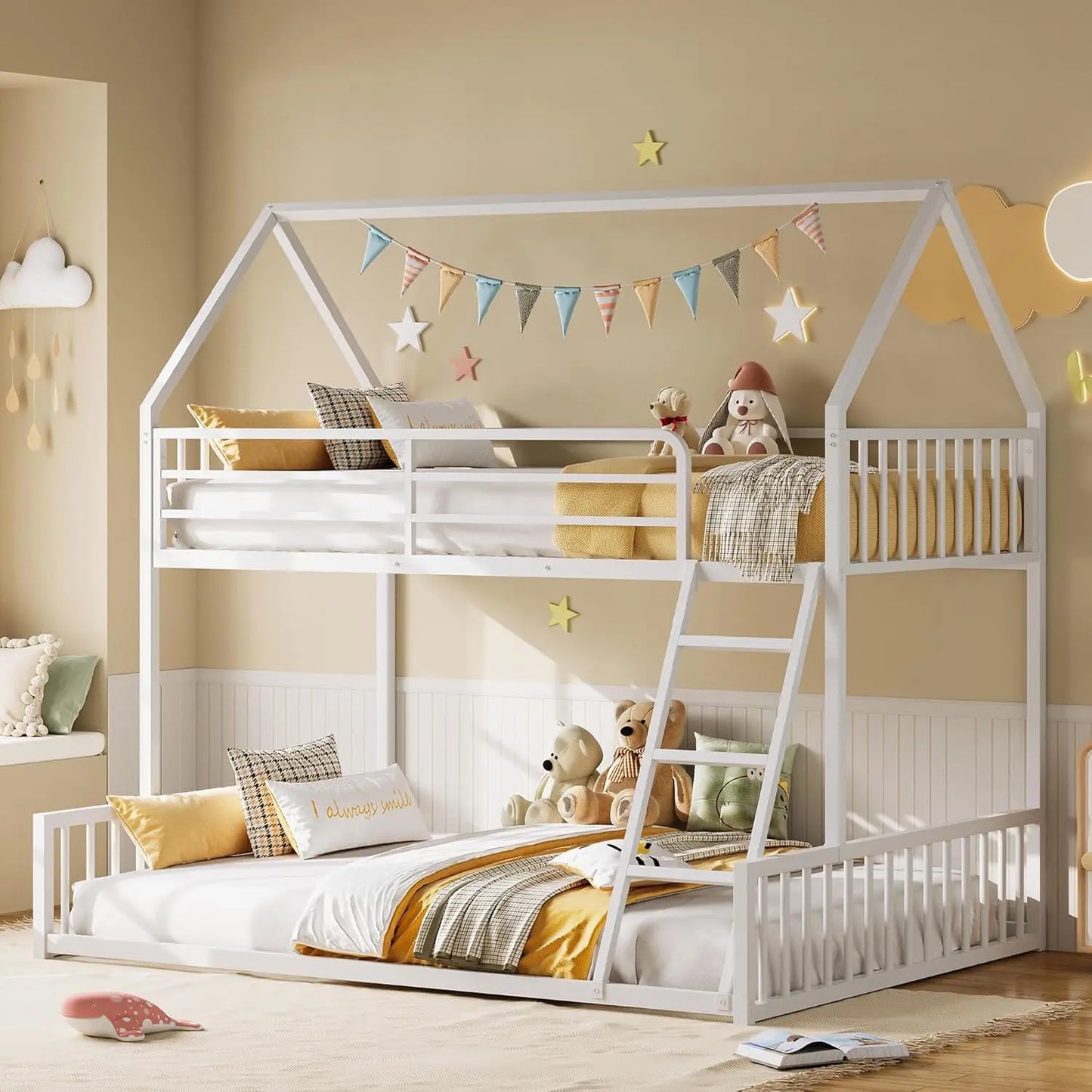 LIKIMIO Bunk Bed Twin Over Full Size,House Shaped with Metal Slats Support No Box Spring Needed Space Saving for Bedroom & Dorm
