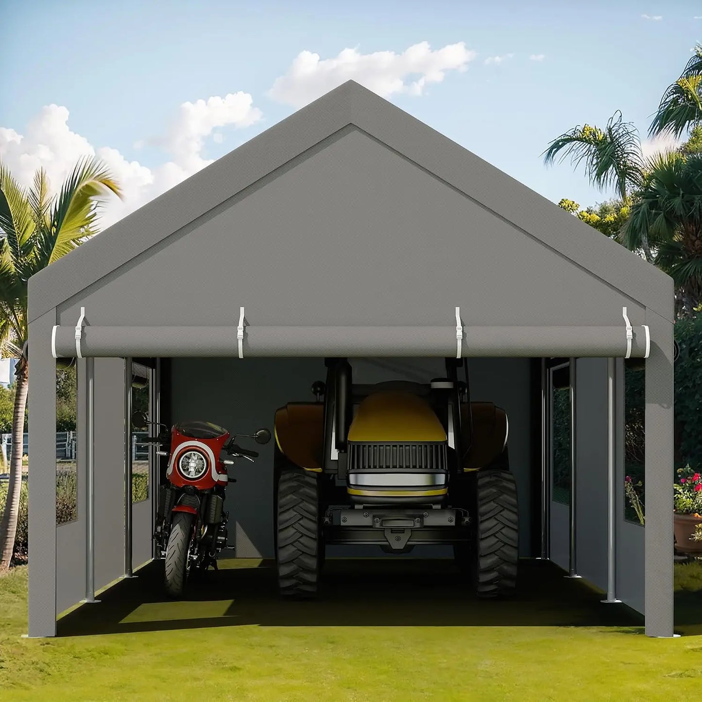 12x20 FT Heavy Duty Carport Canopy Portable Garage with Removable Side Walls Roll-Up Windows Sandbags All Season Waterproof Tarp for Cars Trucks Boats Grey