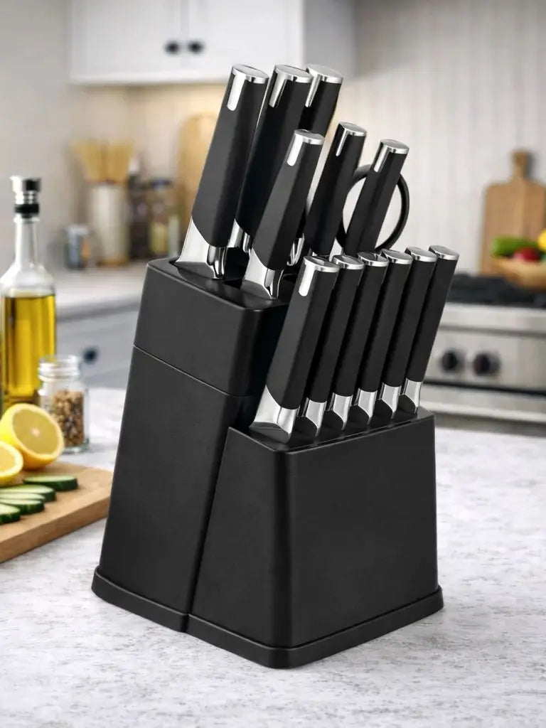 13Pcs Professional Kitchen Knife Block Set with 6 Steak Knives, High Carbon Stainless Steel Knives with Black Non-Stick Coating,