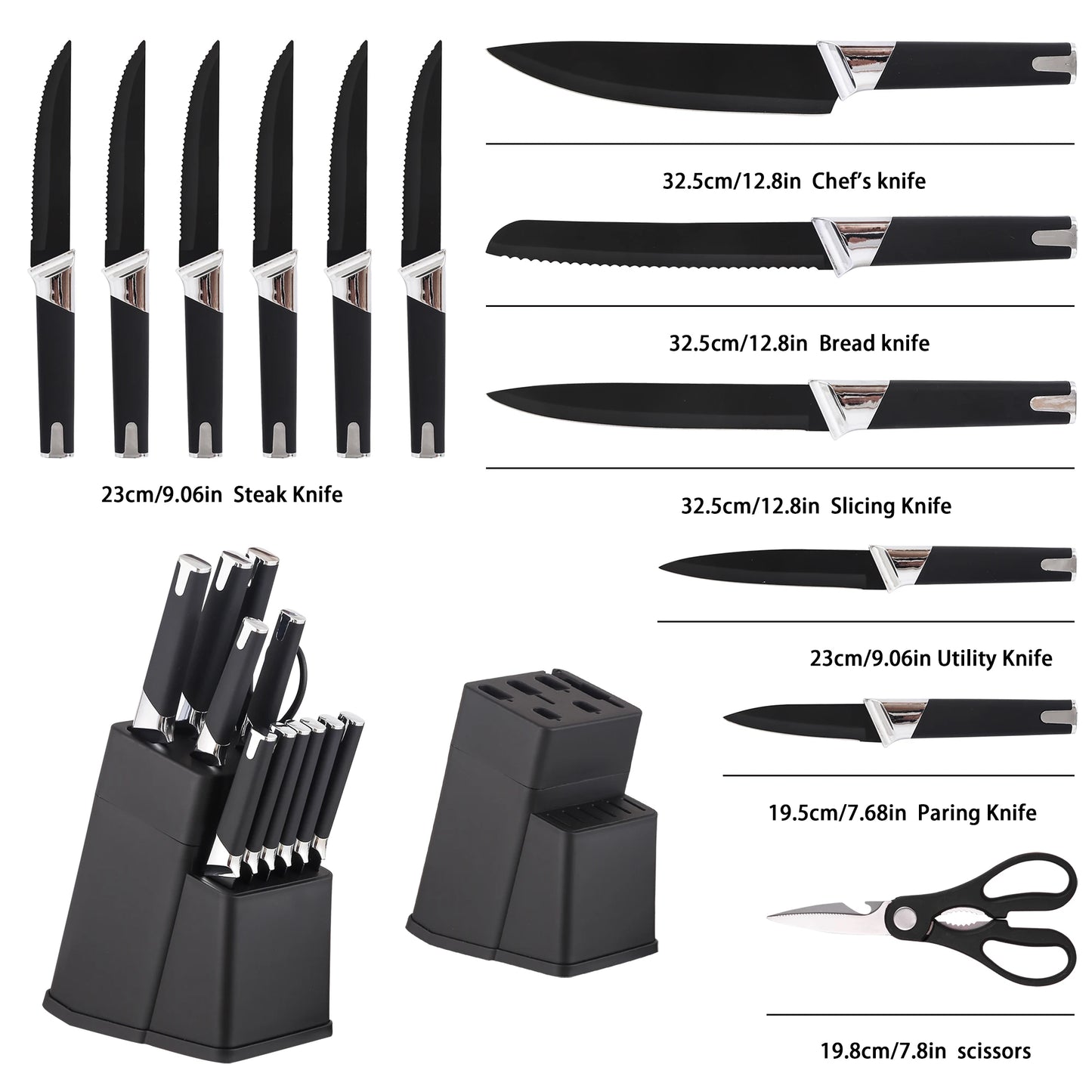 13Pcs Professional Kitchen Knife Block Set with 6 Steak Knives, High Carbon Stainless Steel Knives with Black Non-Stick Coating,