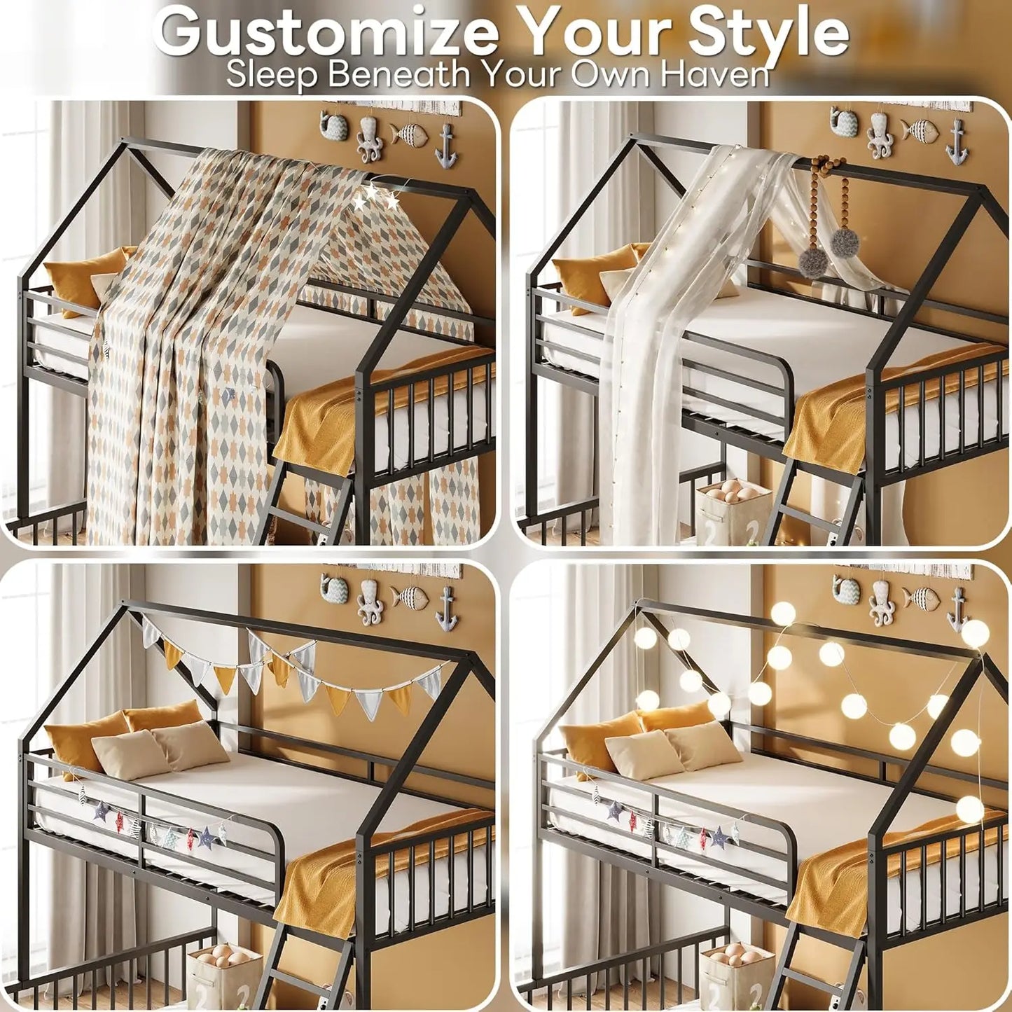 LIKIMIO Bunk Bed Twin Over Full Size,House Shaped with Metal Slats Support No Box Spring Needed Space Saving for Bedroom & Dorm