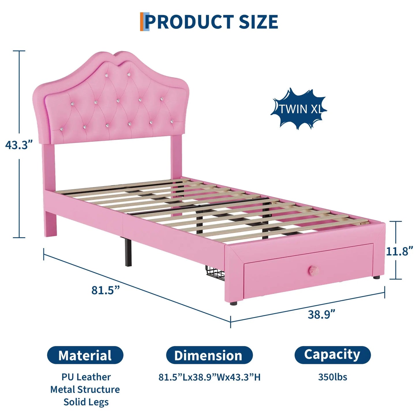 Twin XL Bed Frame With LED Headboard Storage Drawer Velvet Upholstered Platform Bed Crystal Button Noise Free No Box Spring