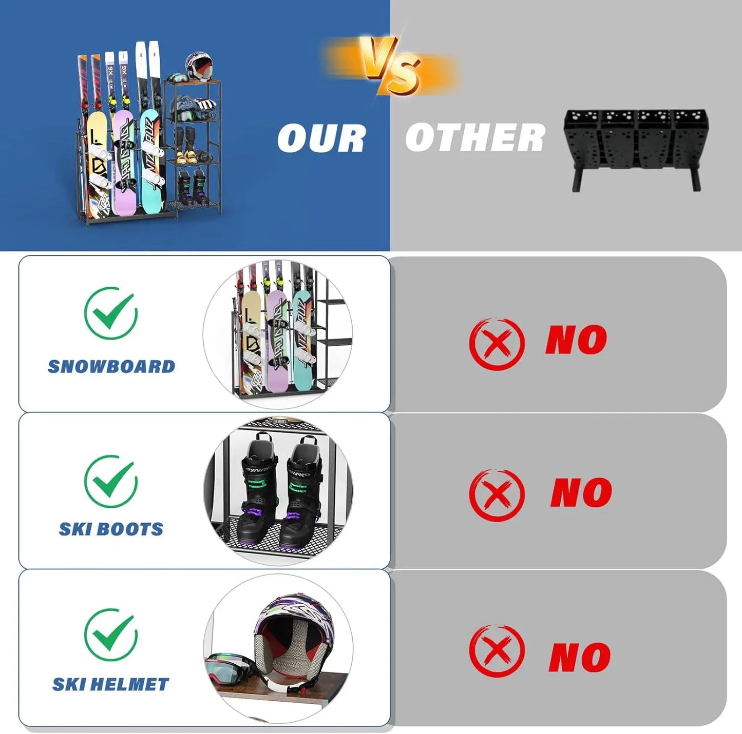 Freestanding Snowboard Rack - 4 Pair Ski, 3 Pack Snowboard, Boot, Pole, Goggles, Helmet Rack for Garage, Shed, Basement