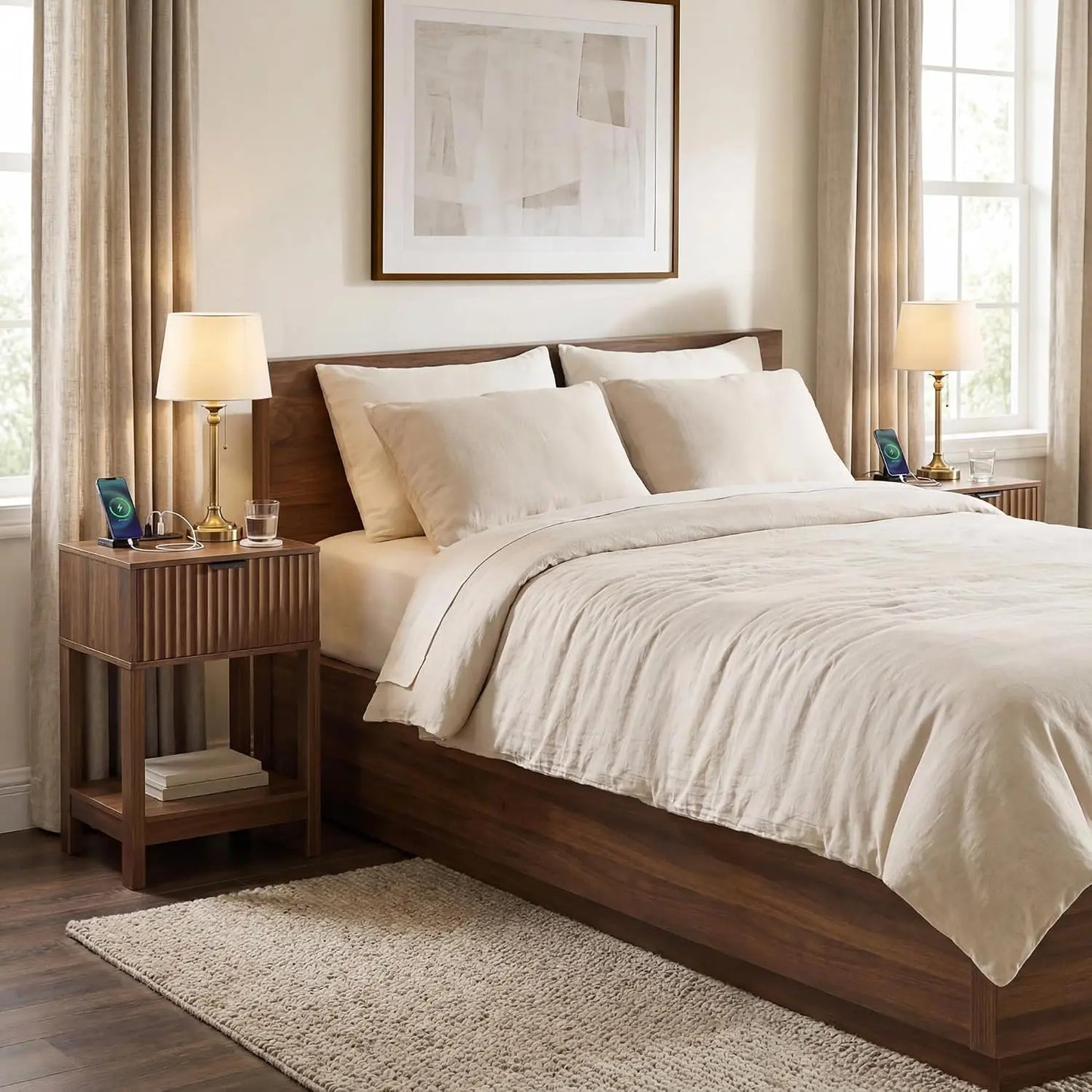 Fluted Nightstand Set 2 with Charging Station, Wood Bedside Table with Drawer & Shelf, Modern End Table for Bedroom, Walnut