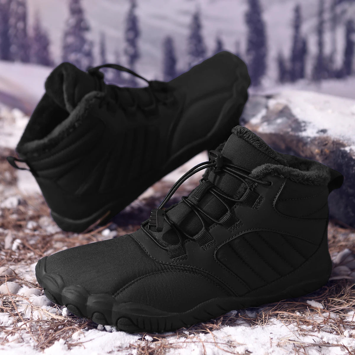Unisex Winter Fleece Lined Barefoot Snow Boots Five Toe Wide Toe Box Quick Lock Laces Non Slip Warm Outdoor Hiking Trekking Minimalist Cold Weather Walking Casual Footwear