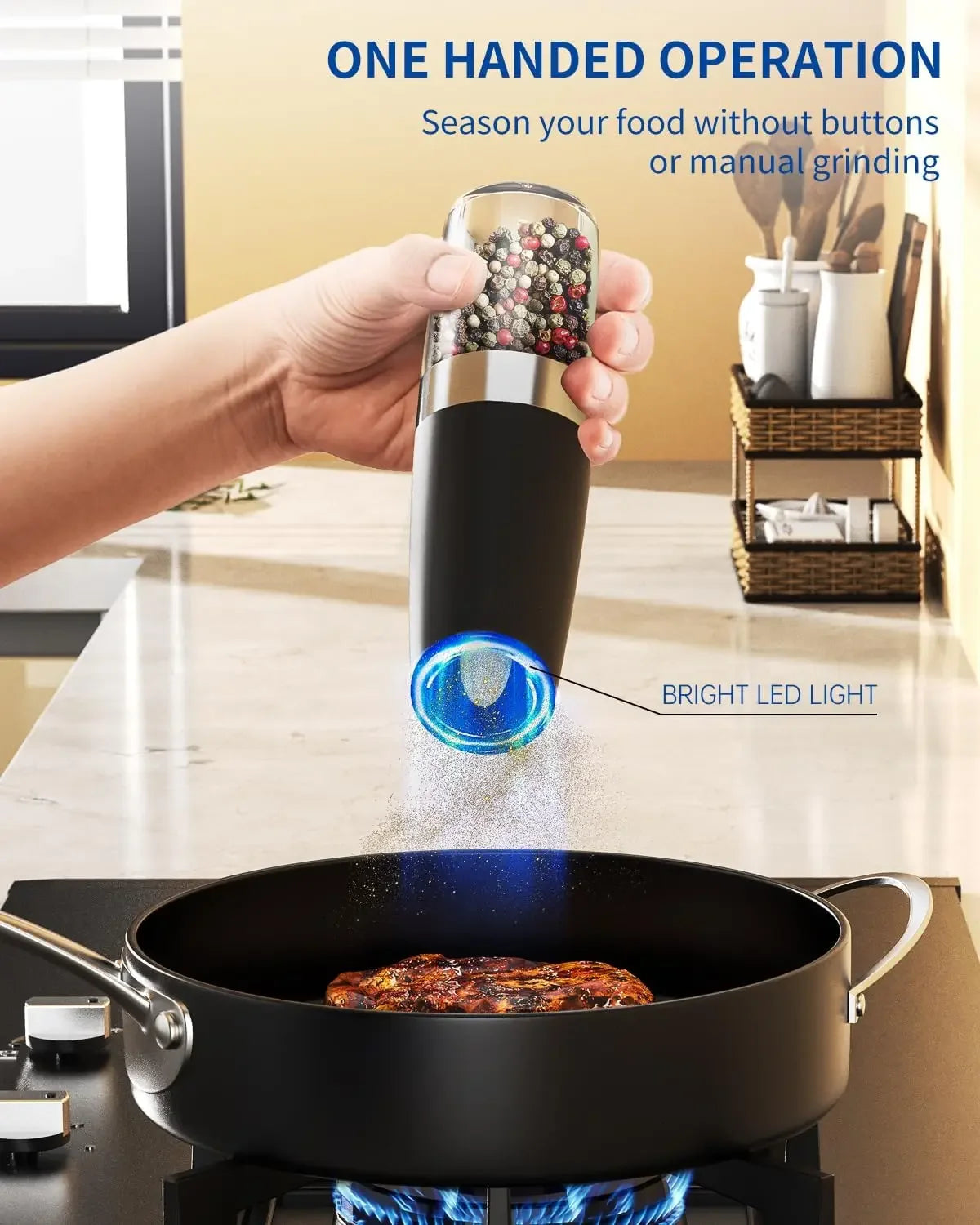 Gravity Electric Salt and Pepper Grinder Set Automatic Salt and Pepper Grinder Set with LED Light, Battery Operated, Adjustable Coarseness, Large Capacity, for Home Kitchen BBQ, Black