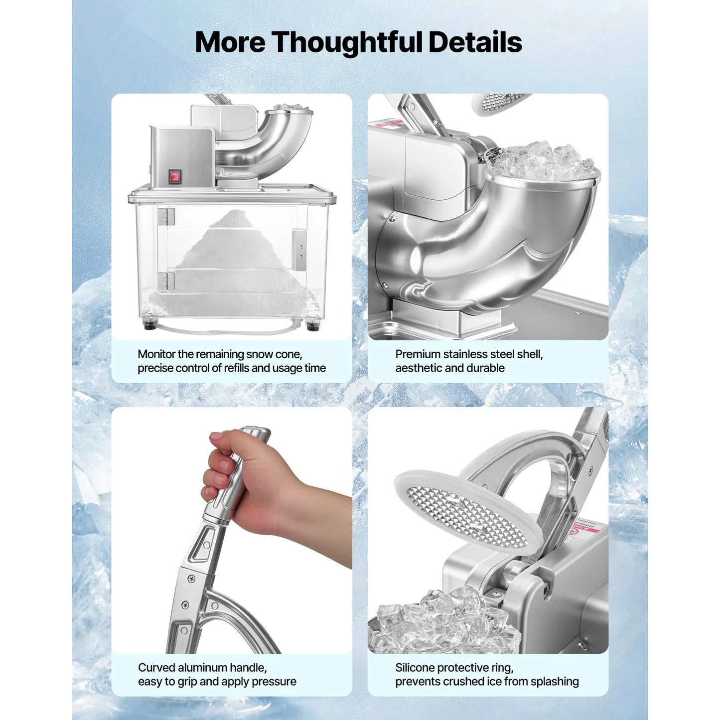 SucceBuy Commercial Ice Crusher 661LBS/H 350W Electric Snow Cone Machine Stainless Steel Shaved Ice Machine for Restaurants Bars