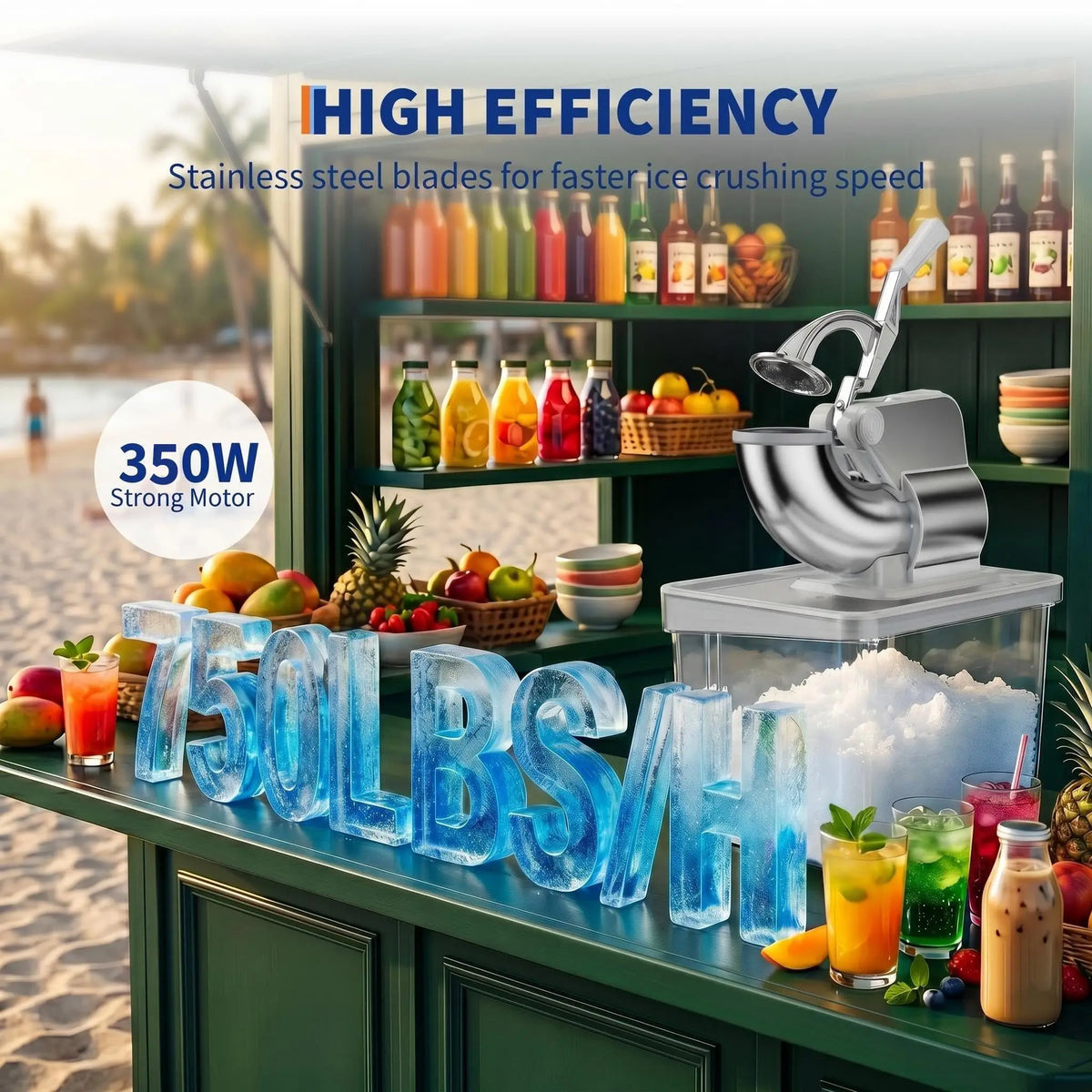 Commercial Ice Crusher 750 LBS Per Hour 350W Electric Snow Cone Machine With 4 Stainless Steel Blades 2000 RPM 8 98 Gal Hopper Shaved Ice Maker With Safety On Off Switch For Home Restaurants Bars White