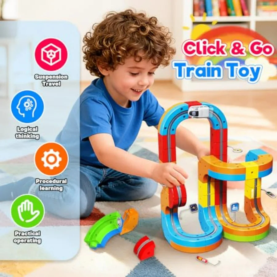 Electric Train Set for,3D Racing Track Sets with Electric Train, Traffic Signs, STEM Train Toys Birthday Gifts for Boys and Gir