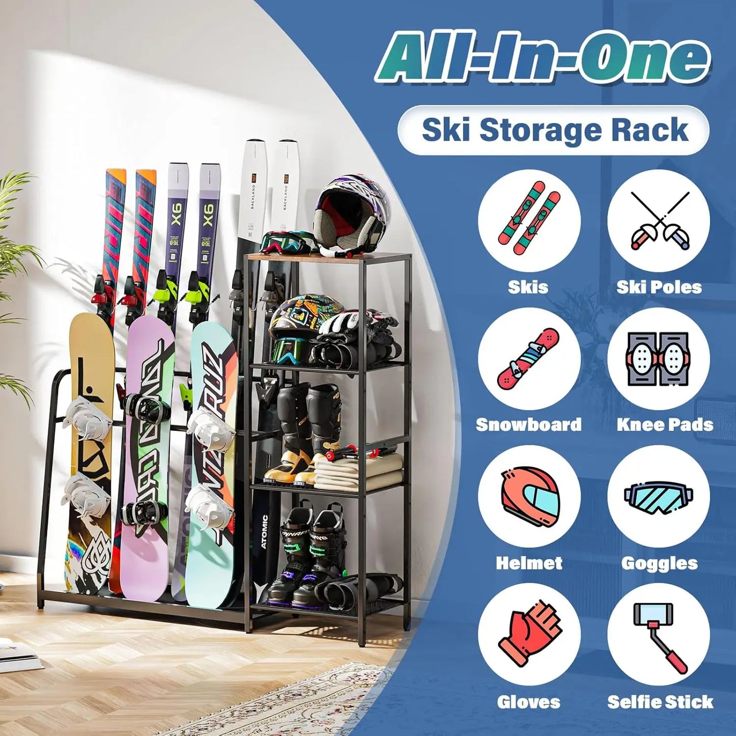 Freestanding Snowboard Rack - 4 Pair Ski, 3 Pack Snowboard, Boot, Pole, Goggles, Helmet Rack for Garage, Shed, Basement