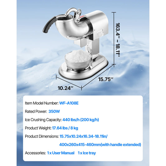 SucceBuy Ice Crusher Machine 440lb Per Hour Electric 4 Blades Snow Cone Maker w/ Bowl and Cover 350W 1400RPM Ice-Shaver for Home