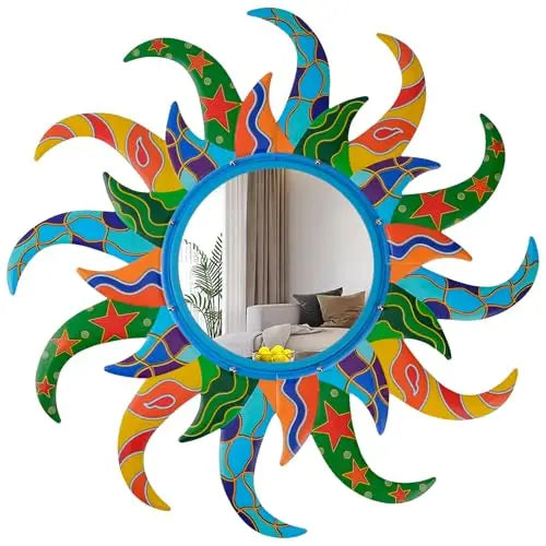 Vibrant Sunburst Metal Wall Mirror 25 Inch Boho Decor For Living Room Bedroom Entryway Bathroom Home Gift