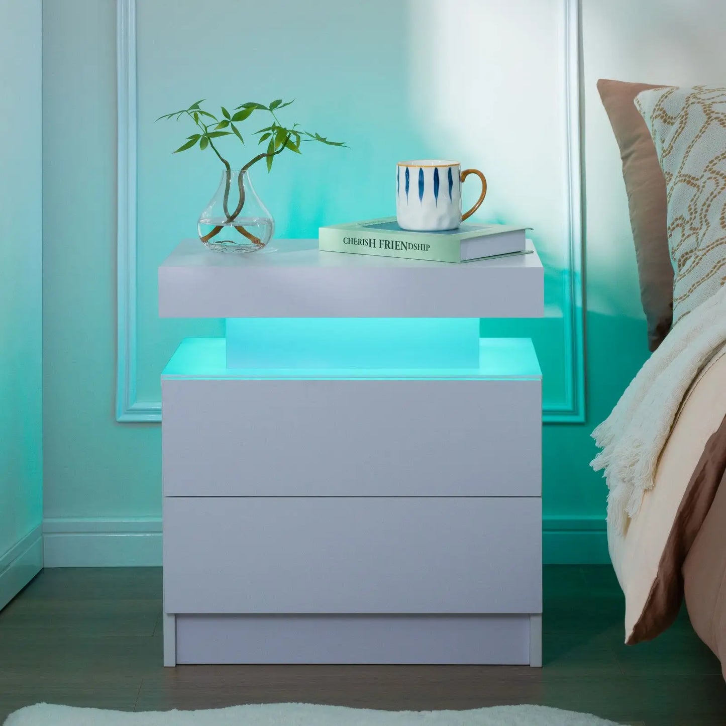 Cubehom Nightstand Set of 2 LED Nightstand with 2 Drawers,Night Stand  with LED Light,Bedside Table with Drawers for Bedroom