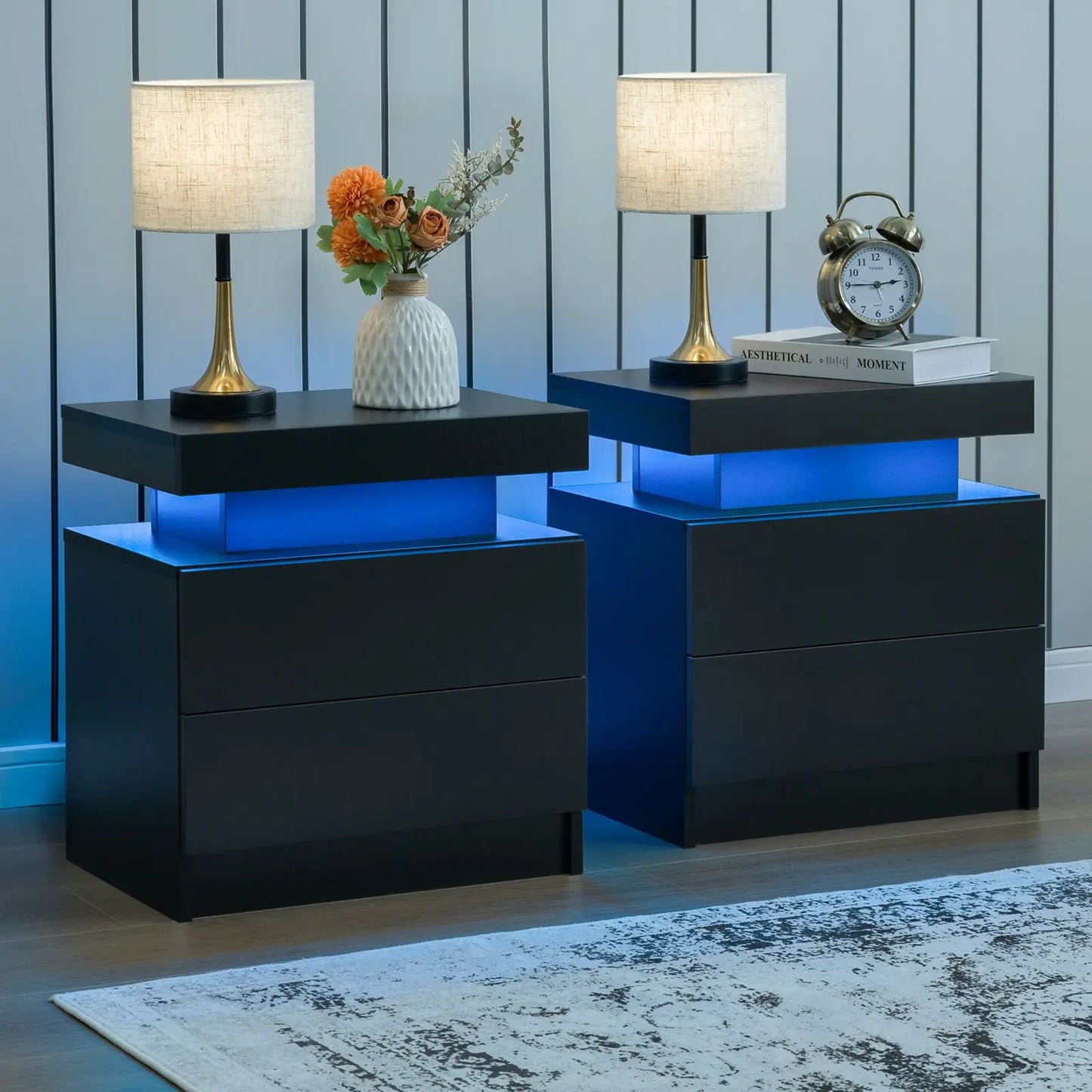Cubehom Nightstand Set of 2 LED Nightstand with 2 Drawers,Night Stand  with LED Light,Bedside Table with Drawers for Bedroom