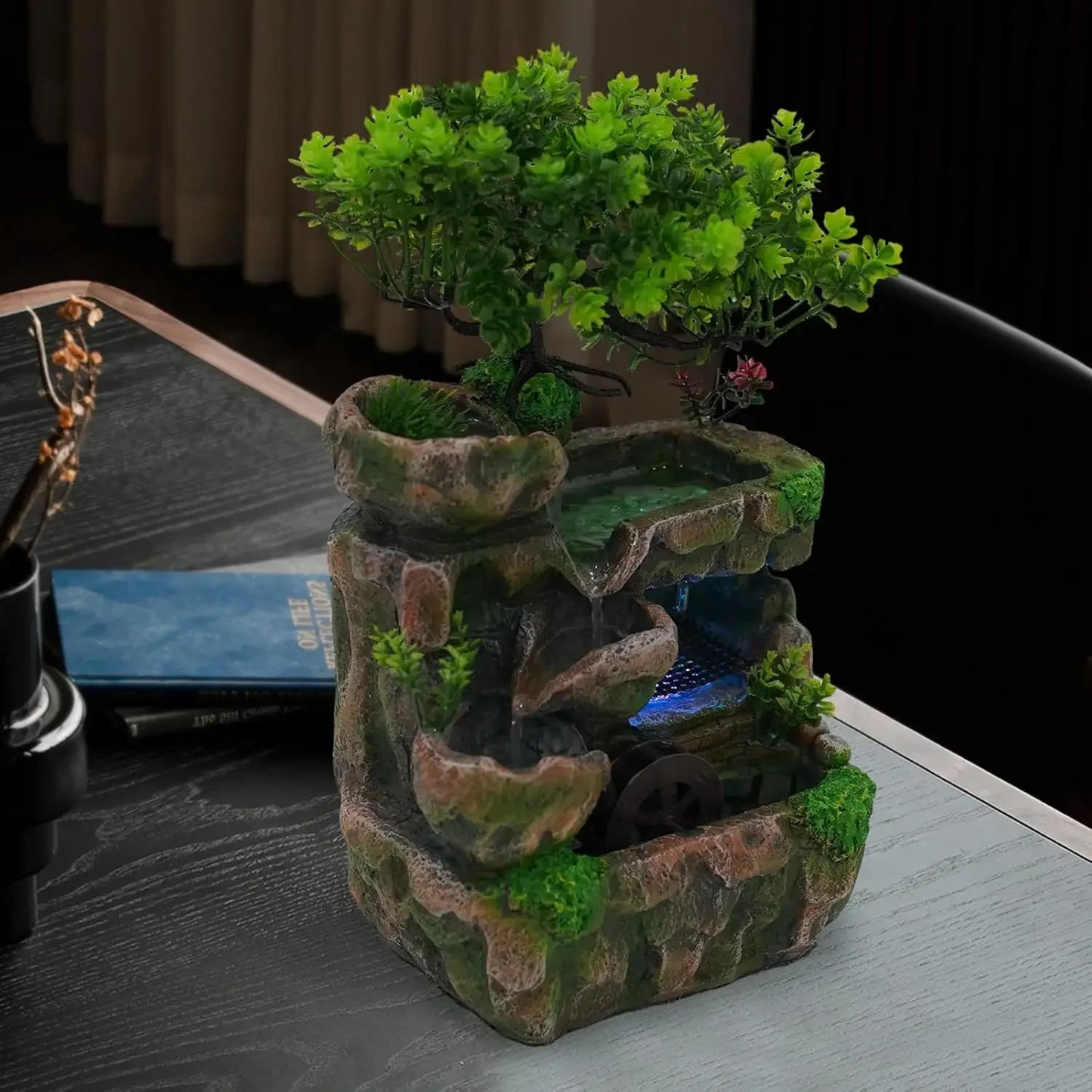 Tabletop Waterfall Fountain With LED Light For Home Office