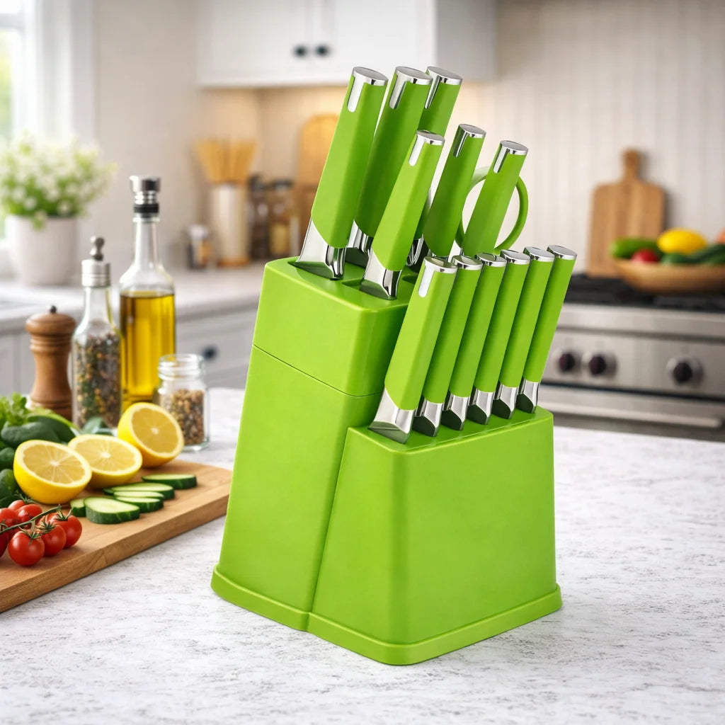 13Pcs Professional Kitchen Knife Block Set with 6 Steak Knives, High Carbon Stainless Steel Knives with Black Non-Stick Coating,