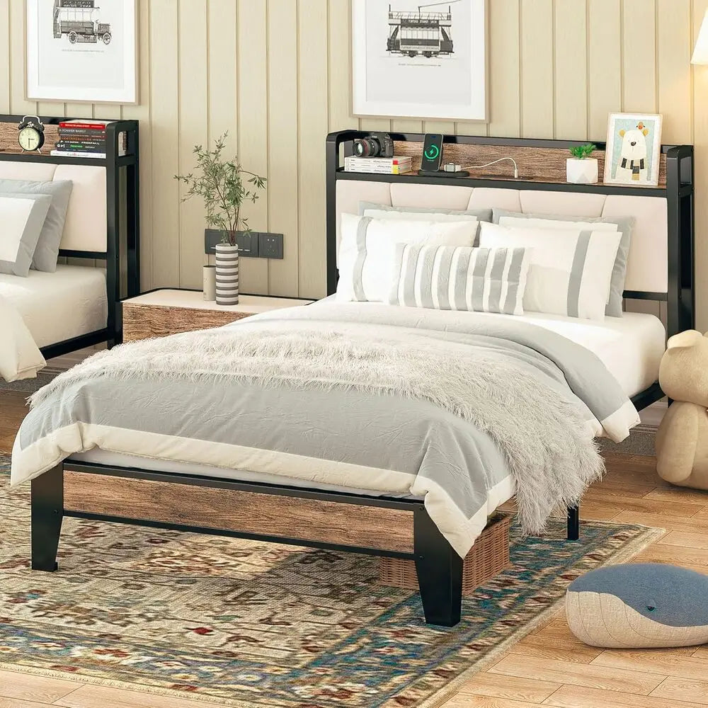 LIKIMIO Twin Bed Frames,Storage Headboard with Charging Station,Solid and Stable, Noise Free, Easy Assembly,No Box Spring Needed