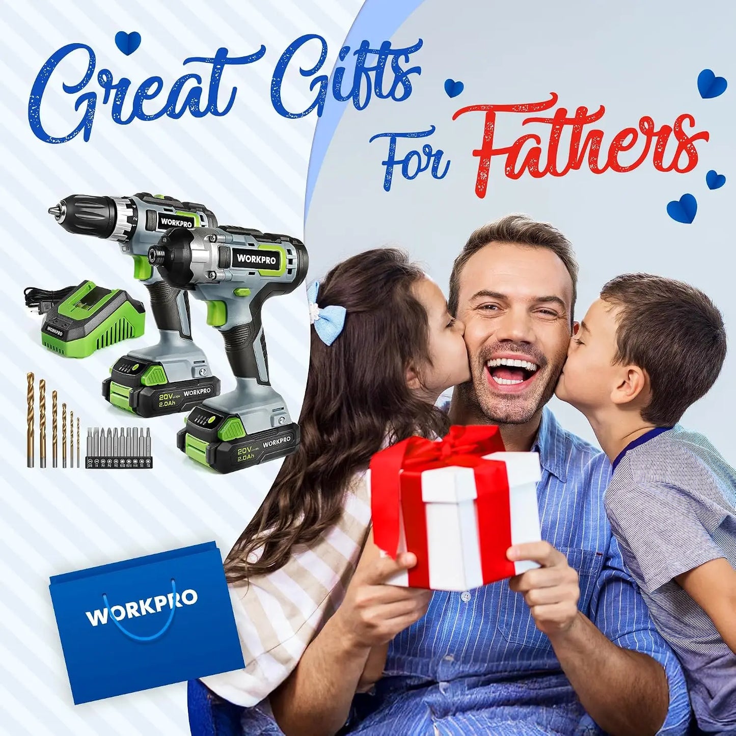 20V Cordless Drill & Impact Driver Combo Kit, 2x 2.0Ah Batteries & Fast Charger