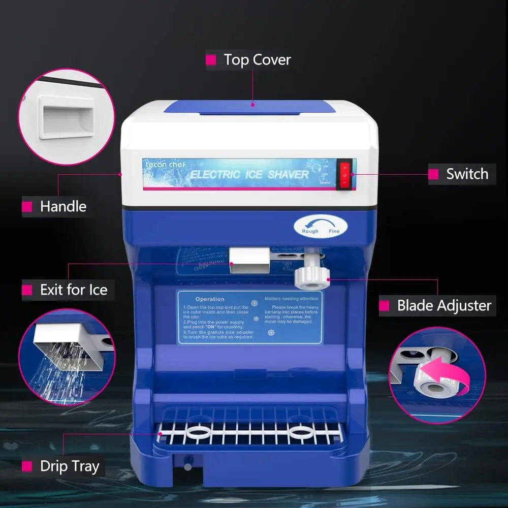 Lecon Chef Electric Tabletop Ice Crusher Shaver Snow Cone Maker Machine 265lbs/hours Adjustable Ice Fineness 320 RPM Rotate Speed