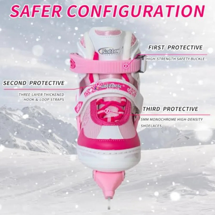 Adjustable Ice Skates - 4 Size Adjustable Hockey Lace-Up Skates with Warm Plush Lining, Triple Safety Ankle Support, Stainless