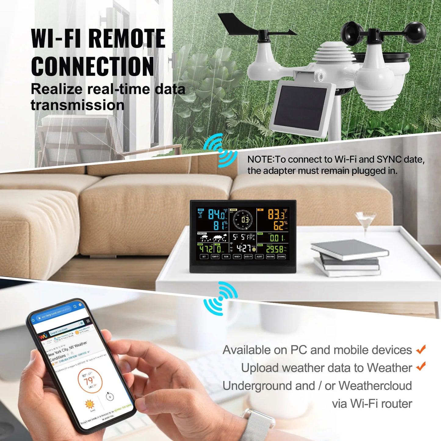 SucceBuy 7-in-1 Wi-Fi Weather Station 7.5 in Color Display + Solar Wireless Outdoor Sensor Alarm Alerts for Temperature Humidity