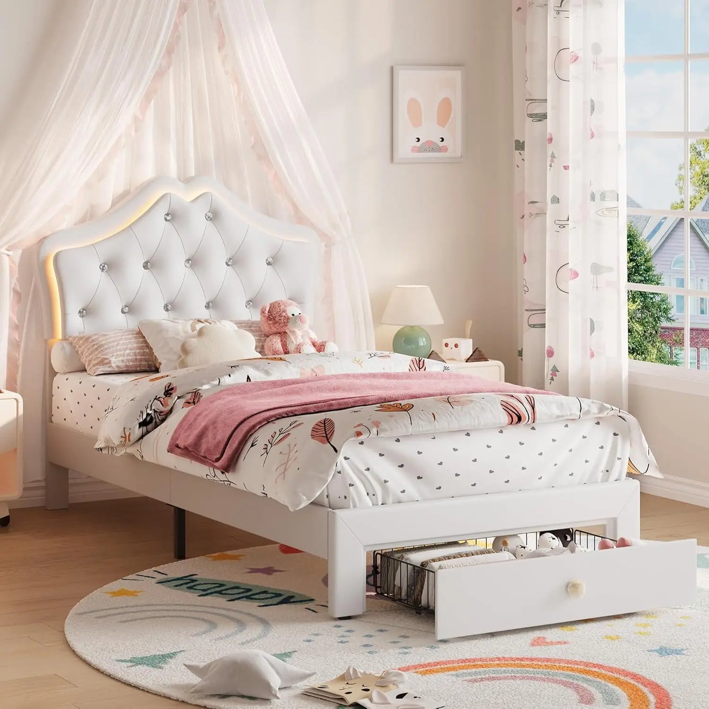 Twin XL Bed Frame With LED Headboard Storage Drawer Velvet Upholstered Platform Bed Crystal Button Noise Free No Box Spring