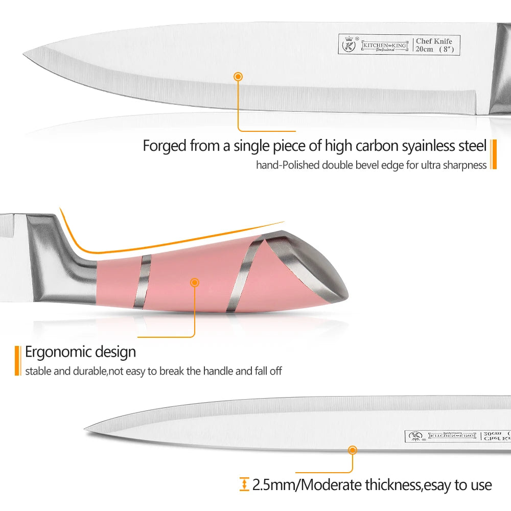 9 Pcs Pink Hollow Handle Stainless Steel Kitchen Knife Set with Rotatable Knife Block, Multipurpose Cooking Cutlery Kit Includes Chef Knife Cleaver Bread Knife Utility Paring Knife, Kitchen Scissors, Fruit Peeler and Sharpeni