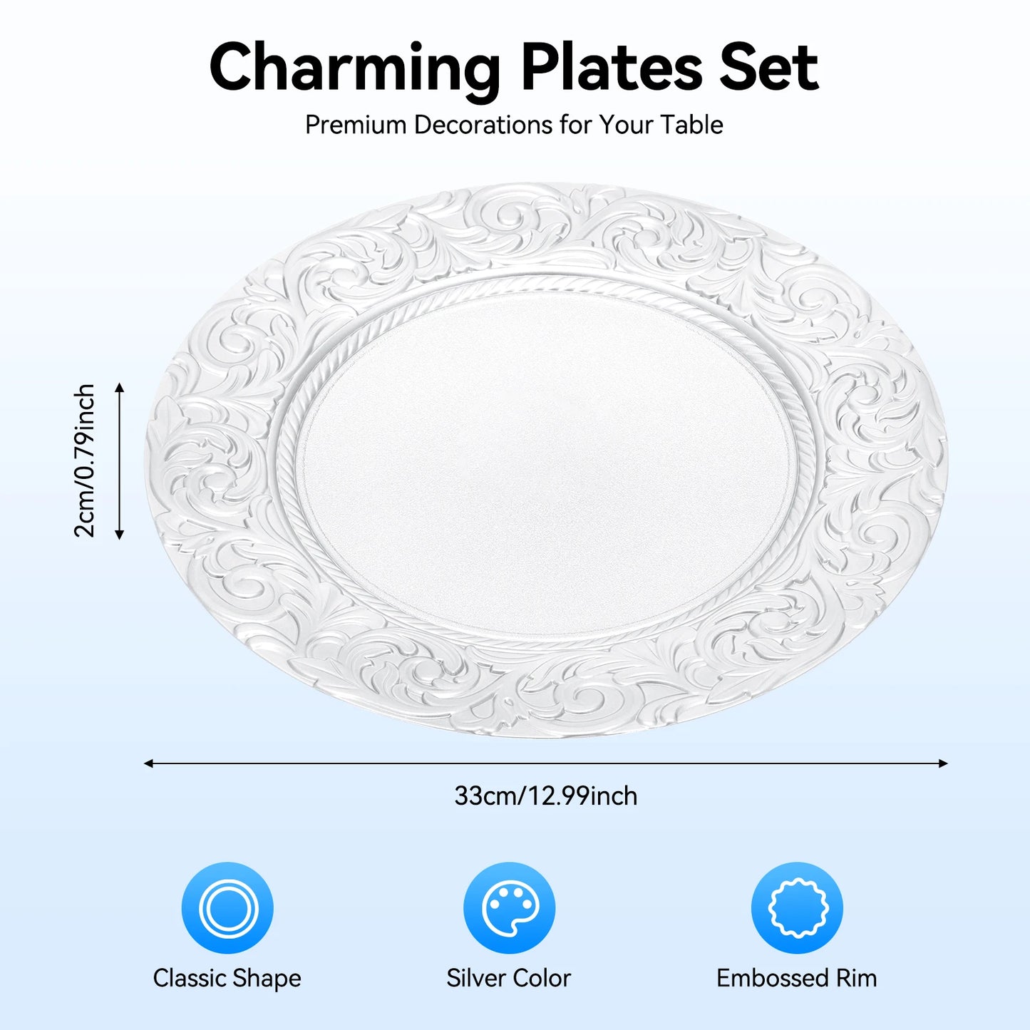 100 Pcs Silver Round Charger Plates Set, Reusable Serving Plates Disposable Platters for Wedding Party Banquets Picnics