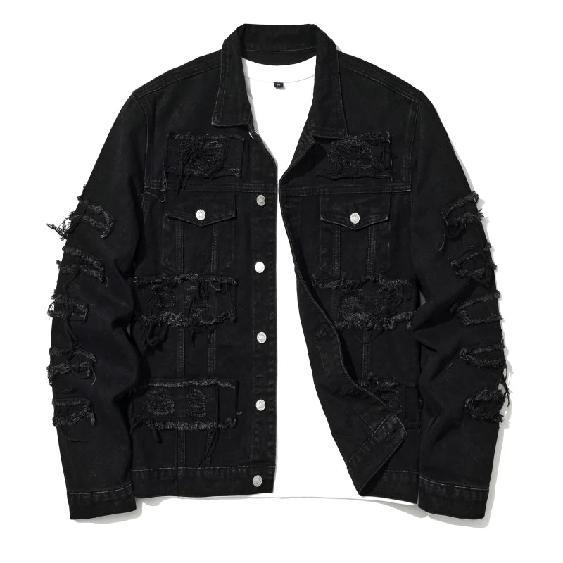 Men's High Street Destroyed Jeans Jacket With Patchwork Fashion Streetwear Ripped Denim Coat For Male Distressed Outerwear
