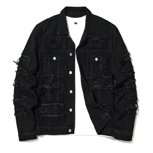 Men's High Street Destroyed Jeans Jacket With Patchwork Fashion Streetwear Ripped Denim Coat For Male Distressed Outerwear