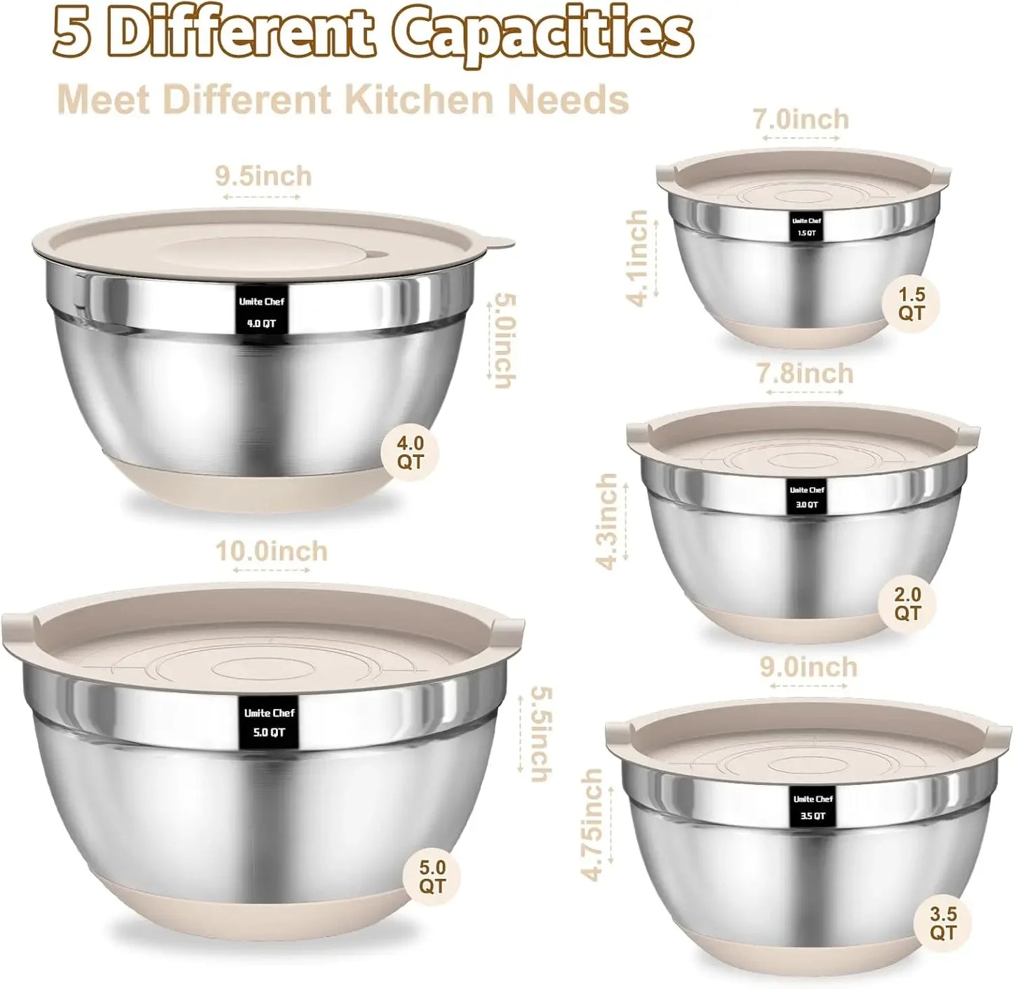 Mixing Bowls with Airtight Lids Set, 8PCS Stainless Steel Nesting Bowls with Grater Attachments, Non-Slip Bottoms, 5, 4, 3.5, 2, 1.5QT for Mixing & Serving