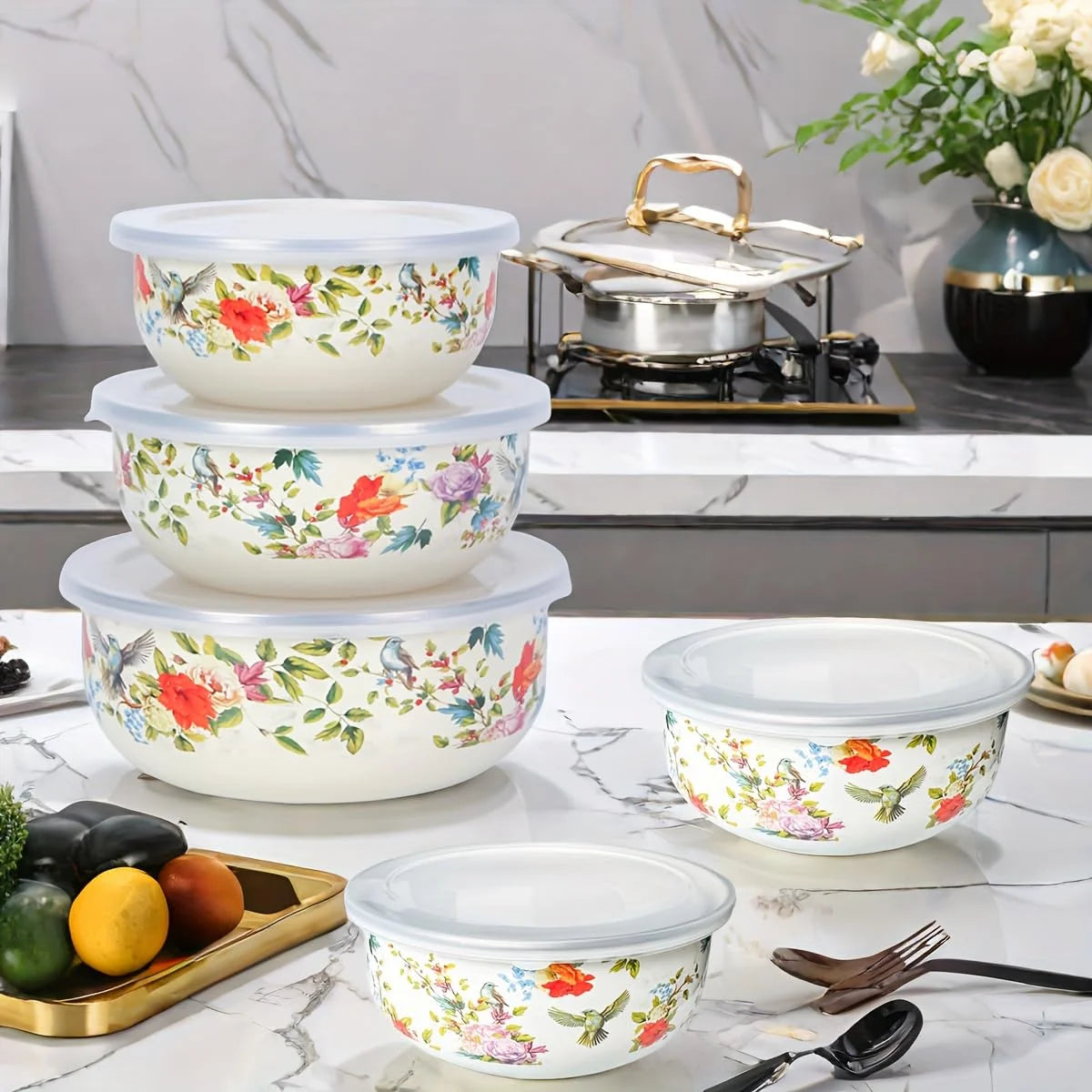 5PCS Enamel Bowls, Enamel on Steel Mixing Bowls with Lids, Vintage Soup Retro Food Containers Soup with Lids, Mixing with Set Containers for Food Fruits Salad
