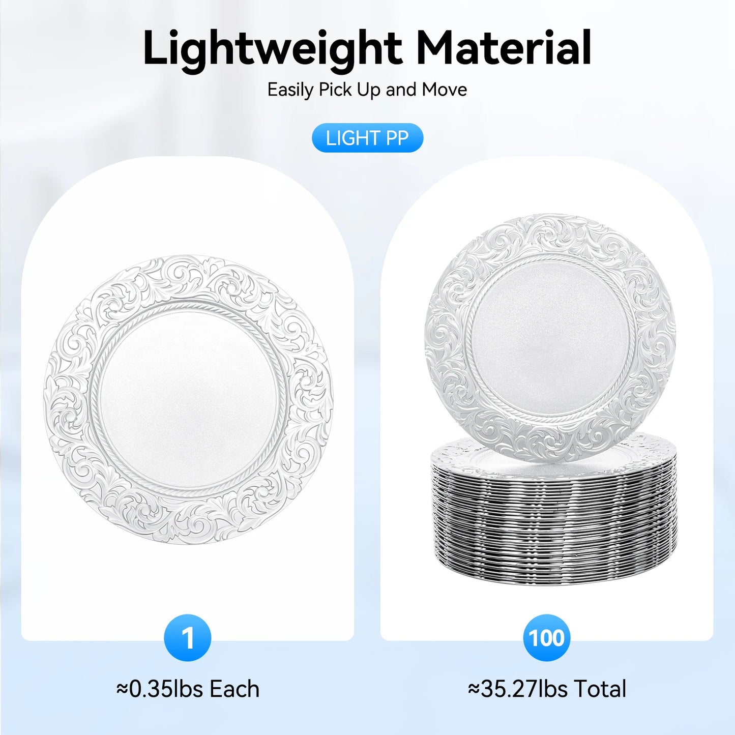100 Pcs Silver Round Charger Plates Set, Reusable Serving Plates Disposable Platters for Wedding Party Banquets Picnics