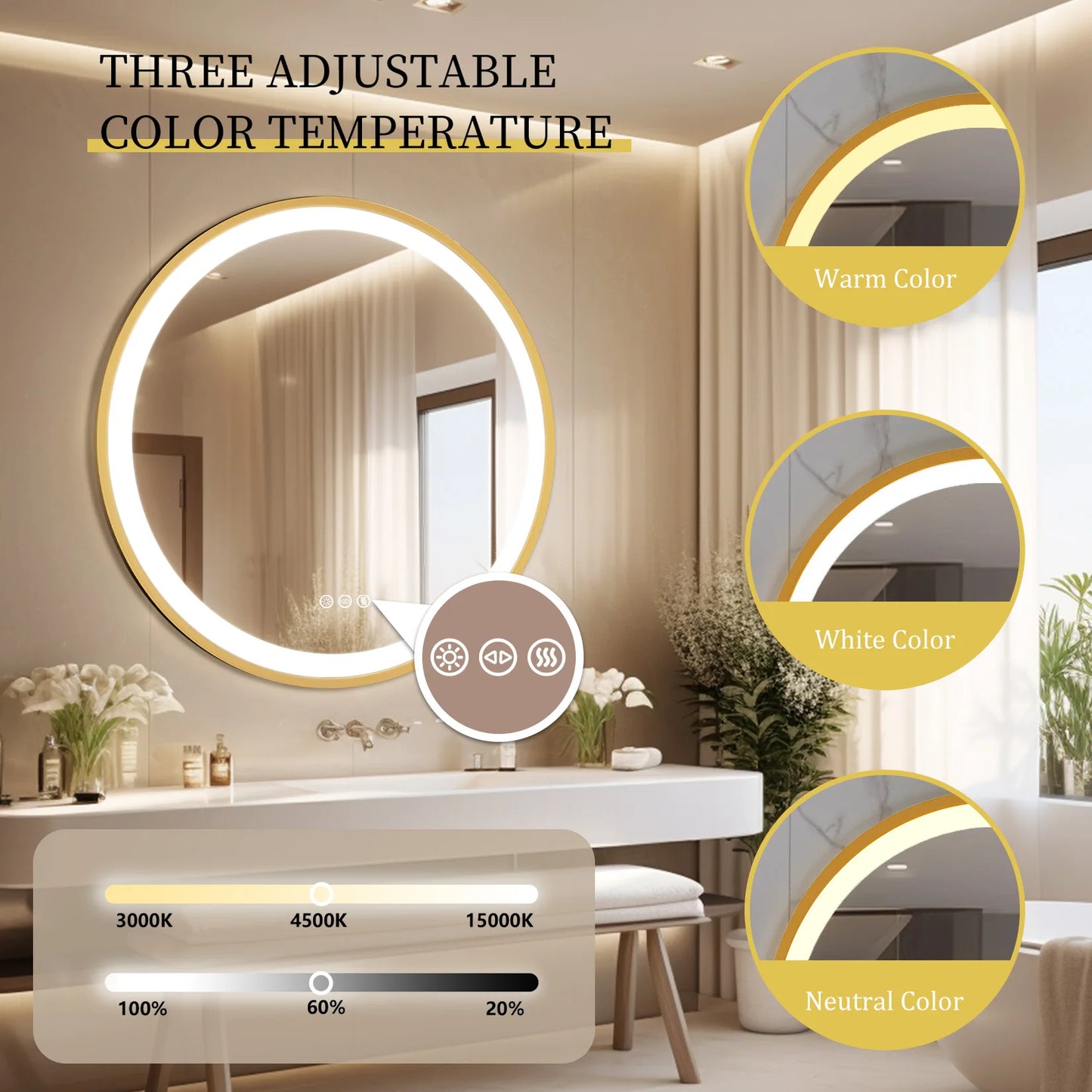 LED Fogless Bathroom Mirror With Three Color Temperature