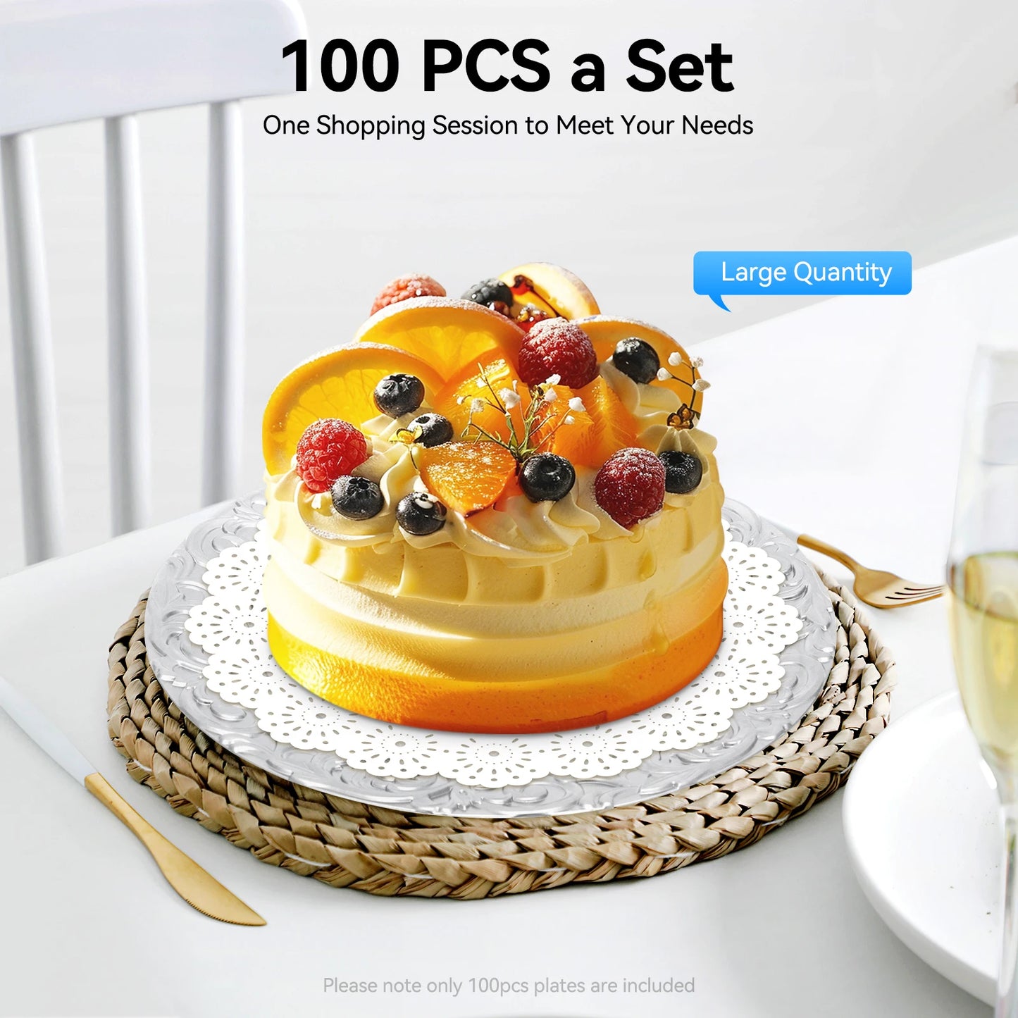 100 Pcs Silver Round Charger Plates Set, Reusable Serving Plates Disposable Platters for Wedding Party Banquets Picnics