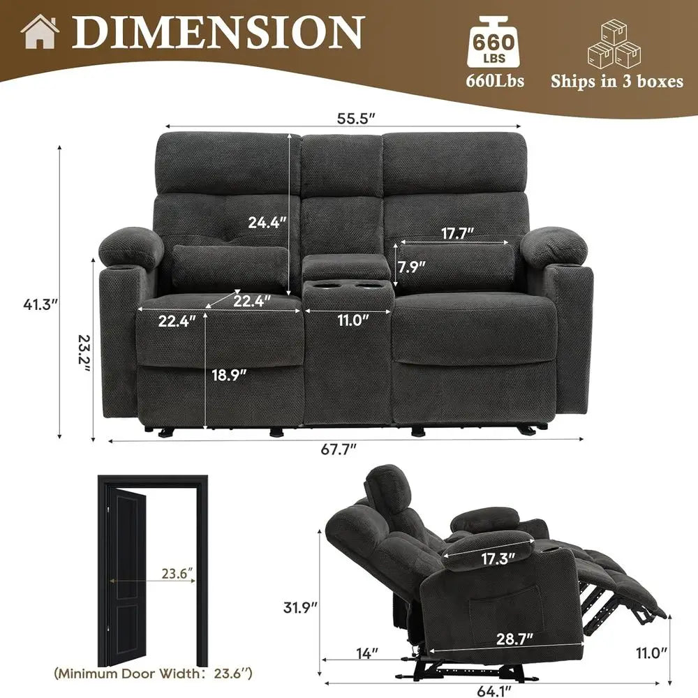 Power Loveseat Recliner with Ottoman, Reclining Sofa with Heat & Massage, Home Theater Seating with Lumbar Support, Living Room