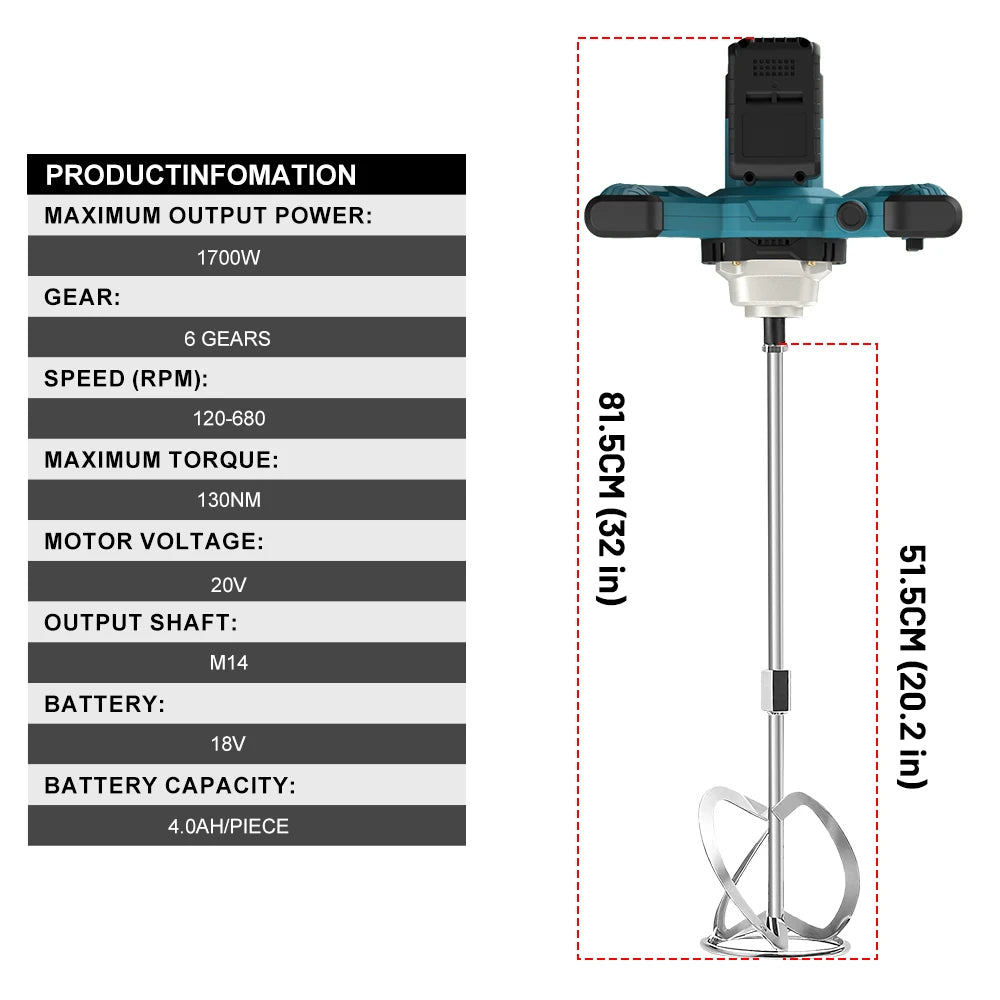 6 Speed Electric Paint Concrete Mixer Brushless Handheld Paddle Mix Mixer Adjustable Electric Mixing Rod For makita 18v battery