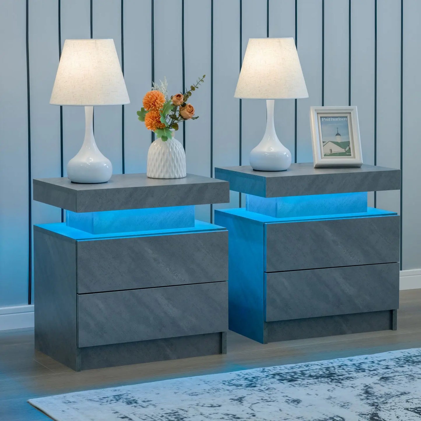 Cubehom Nightstand Set of 2 LED Nightstand with 2 Drawers,Night Stand  with LED Light,Bedside Table with Drawers for Bedroom