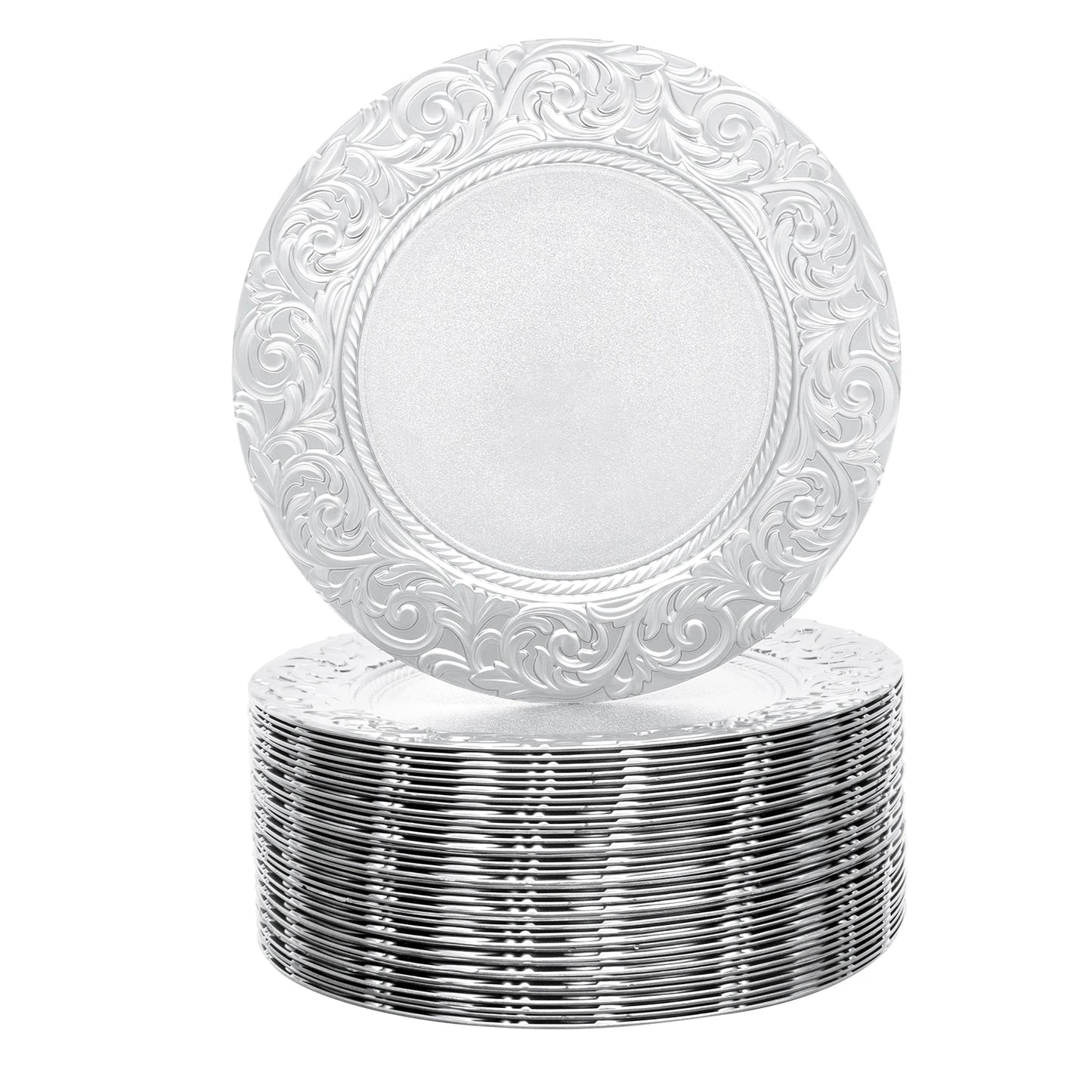 100 Pcs Silver Round Charger Plates Set, Reusable Serving Plates Disposable Platters for Wedding Party Banquets Picnics