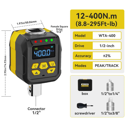 Digital Torque Wrench Adapter 6-400Nm 1/2'' 1/4'' 3/8'' Drive Digital Torque Gauge ±2% Accuracy Hand Tool Waxtron